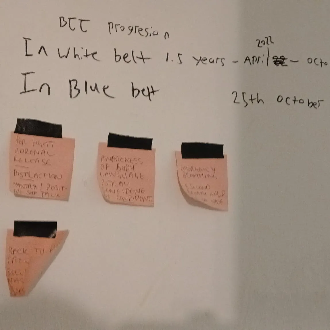 A handwritten note on the academy wall tracking belt progression from white belt to blue belt, with sticky notes listing pre-competition coping strategies including adrenal release, distraction, positive self-talk, awareness of body language and emergency breathing
